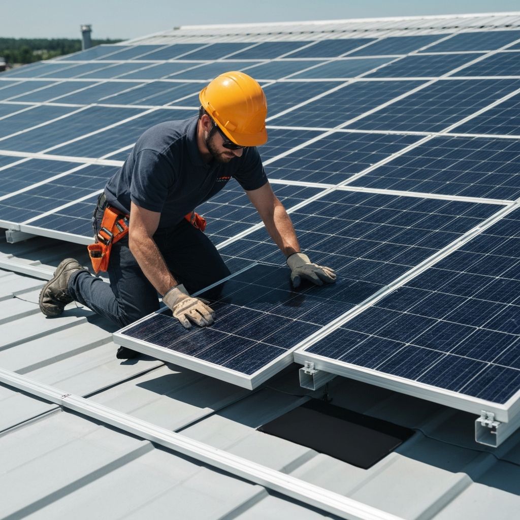 Instalador fijando un panel solar